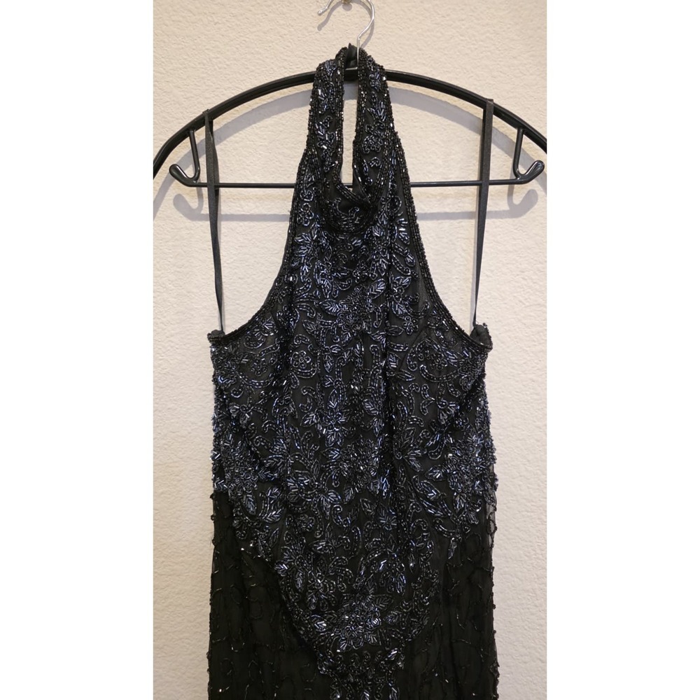 Vintage Laurence Kazar Beaded Halter Maxi Silk Sequin Evening Gown Clean Girl M - Picture 3 of 11